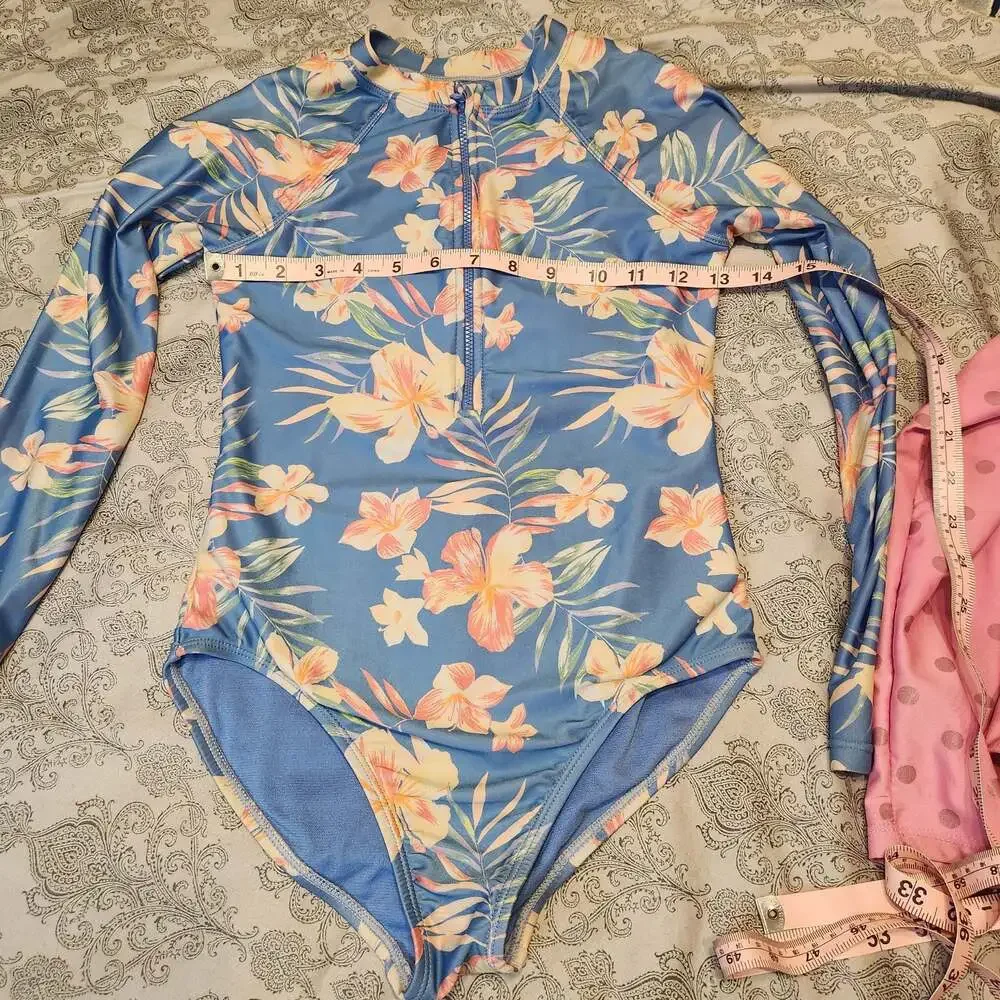 Girls Long Sleeve Zip-Up Rash Guard One Piece Swimsuit Lot of 2